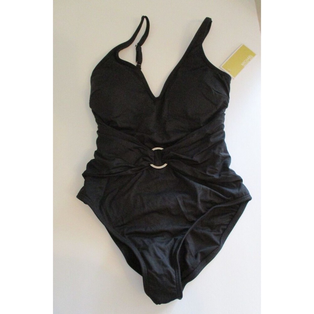 MICHAEL Michael Kors Womens Sz 8 Black Tummy Control V Neck One Piece Swimsuit